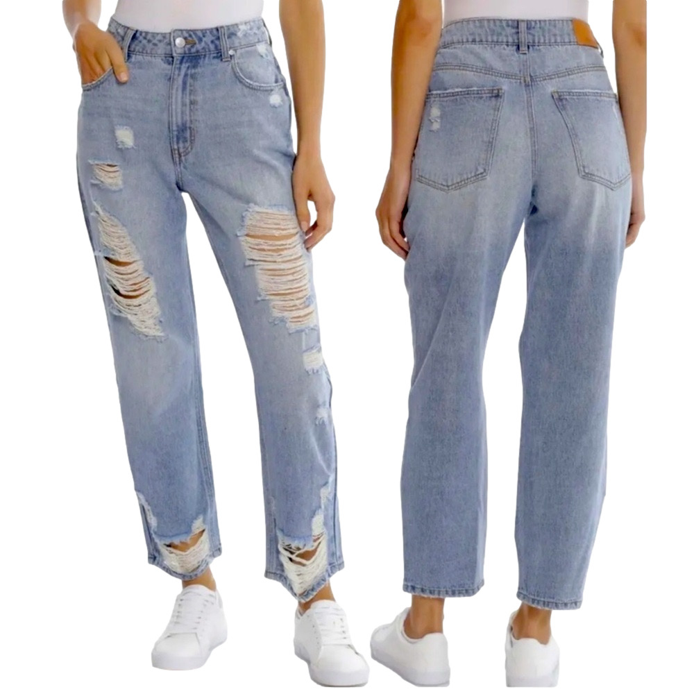 Avec Les Filles Jeans Womens 28 Blue Mid Rise Straight Leg Distressed Light Wash